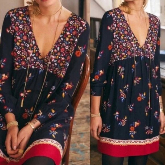 Sezane Daphna Floral Dress Long Sleeve Navy Blue Red Size 40 French or 8 Boho - Picture 2 of 11